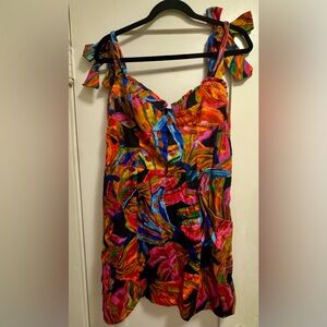 FARM Rio Painterly Tie-Shoulder Mini Dress - Orange, Pink, Blue, Green, Black